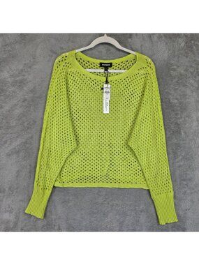 Express Sweater Womens Medium Green Open Knit Dolman Sleeve Lightweight Pullover
